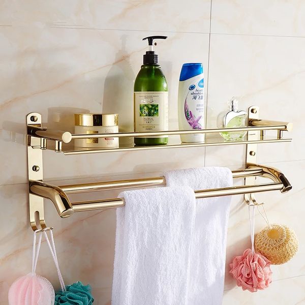 

bathroom accessories bathroom stainless steel golden finish shelf 40cm with hook towel bar,double towel shelf