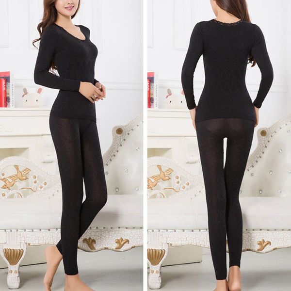 

women long sleeve comfy winter warm underwear +pants long johns, Black;white