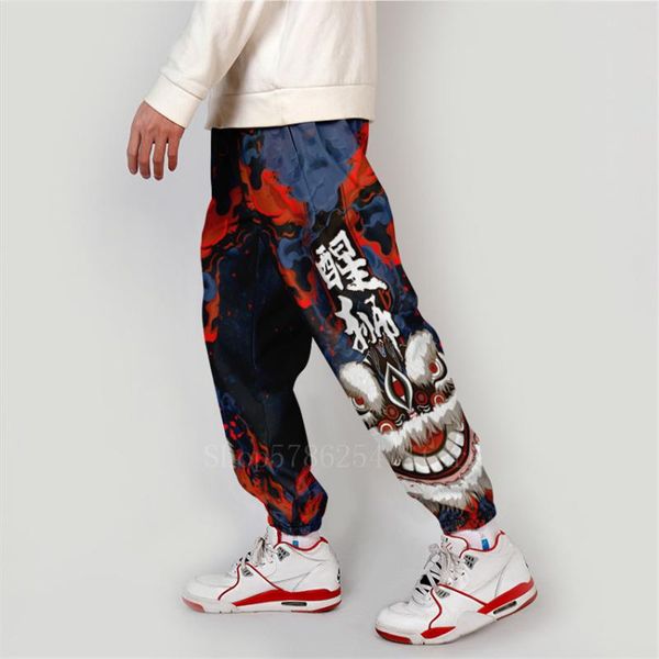 

asian japanese traditional clothes kimono pants men male fashion chinese lion print casual wide leg overalls patchwork trousers, Red