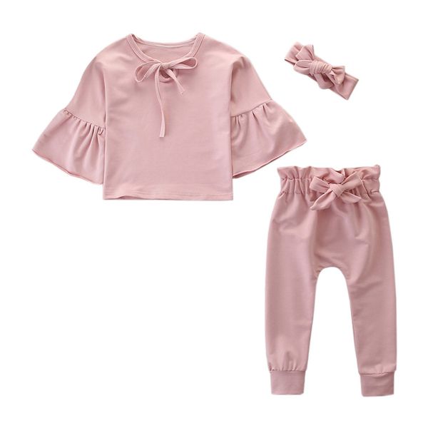 

kids girls clothes set 2019 summer toddler baby child girl outfits flare sleeve t shirt+pants+headband set 1 2 3 4 5 6 years, White