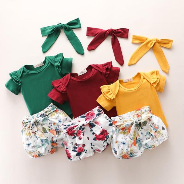 

новый малыш дети baby girl 3шт outfit летний женский пляжный костюм цветочные romper комбинезон solid, White