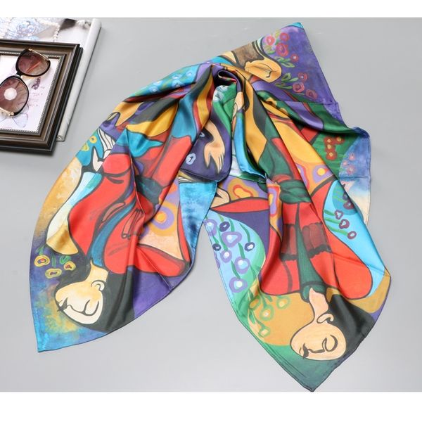 

oil painting style 100% silk scarf hijab head scarves for women large square silk scarves shawl foulard 35" x 35