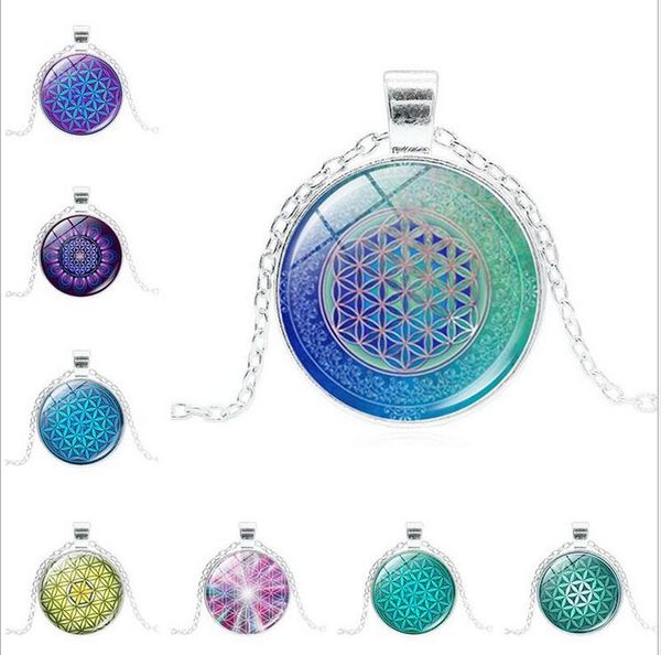 

20pcs flower of life necklace om chakra flower pendant mandala jewelry sacred geometry necklace cabochon time gem spiritual, Red;brown