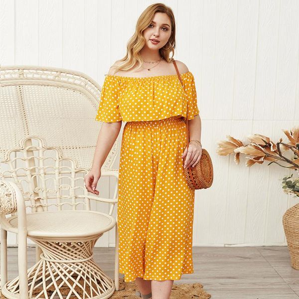 

summer 2020 plus size women's one-shoulder jumpsuit cotton bohemian dot print slim-wrap chest beach ladies loose jumpsuit, Black;white