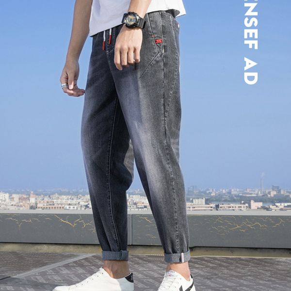 

men jean solid color street trousers mid-length fashion casual large size s-7xl loose stretch nine points men jeans, Blue