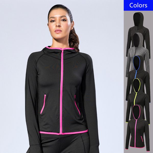 

women sports coat fitness yoga training running zipper hoodie quick dry jacket, Black;red
