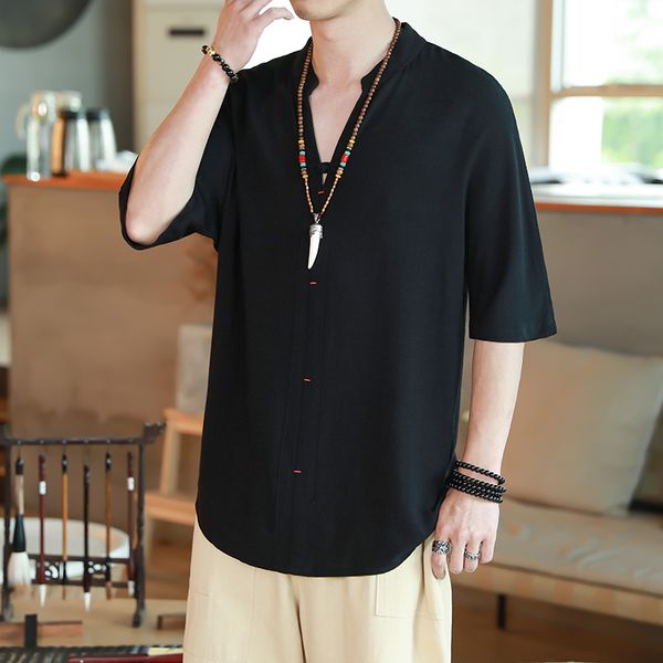 

5xl плюс размер мужчины с коротким рукавом пуловер рубашки streetwear китайский лето стиль льняные рубашки мужчины мода одежда xxxxxl, White;black