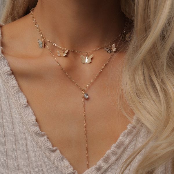 

european and american cross-border jewelry simple elegant crystal geometric necklace female butterfly y-shaped tassel pendant double-layer n, Silver