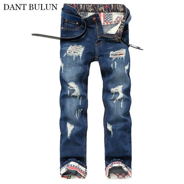 

men jeans slim straight trouser distressed ripped jeans homme pants male denim casual pants summer autumn, Blue