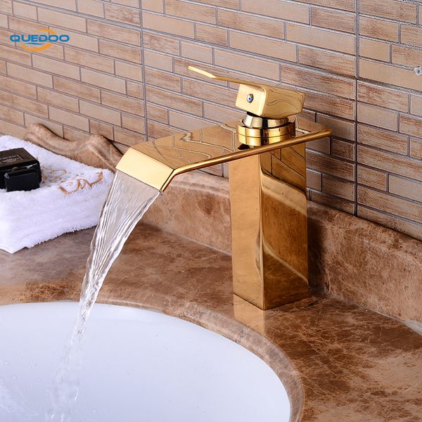 

waterfall spout bathroom sink faucet basin single handle deck mount gold finished mixer taps