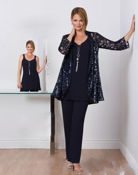 

2020 three pieces lace mother of the bride plus size pant suit applique mothers suit with jackets mother's dresses pants suits party dr, Black;red