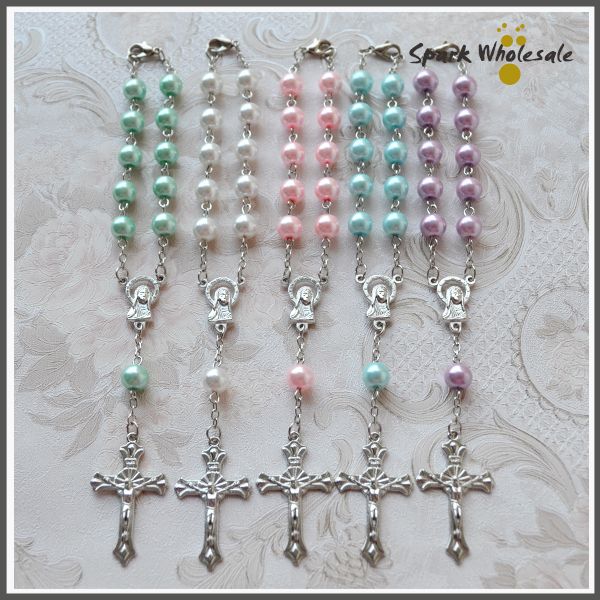 

50pcs/lot catholic multi colors pearl glass rosary bracelet religious bracelet mini rosary baby's communion party baptism favors, Golden;silver