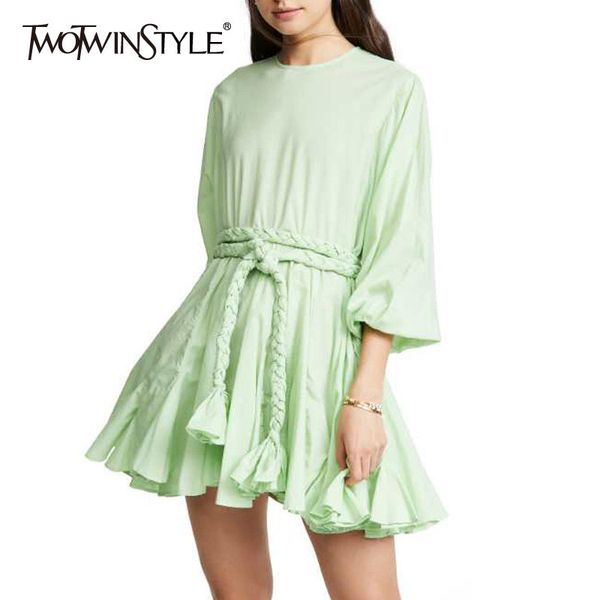 

twotwinstyle spring dress for women o neck lantern sleeve lace up high waist mini female dresses 2019 fashion casual clothes, Black;gray