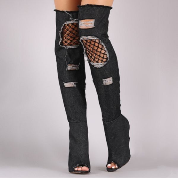 

denim women thigh high boots high heels peep toe ladies shoes hollow holes punk over the knee long boots big size, Black
