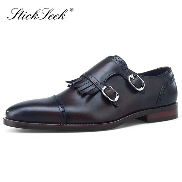 

vintage genuine leather formal dress man monk straps shoes designer handmade men's buckles tassels wedding party footwear sk215, Black