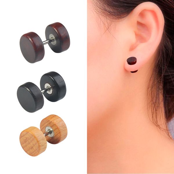 

punk barbell ear stud double sided wooden earrings for jewelry stainless steel natural wood earring dumbbell ear stud, Golden;silver