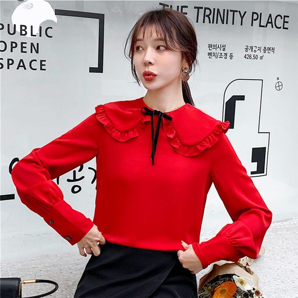 

мода корея женщины блузки рубашки твердые шифон офисные рубашки блузка питер пэн воротник рубашки blusas топы женские, White