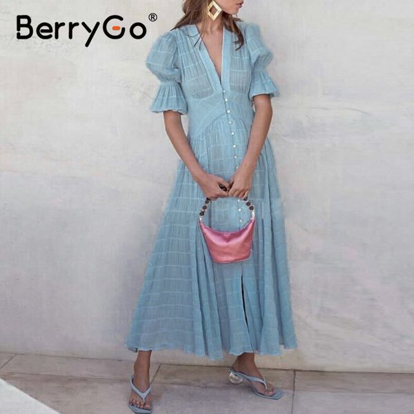 

berrygo puff short sleeve women vintage dress summer v-neck buttons long party dress striped high waist holiday boho blue, Black;gray