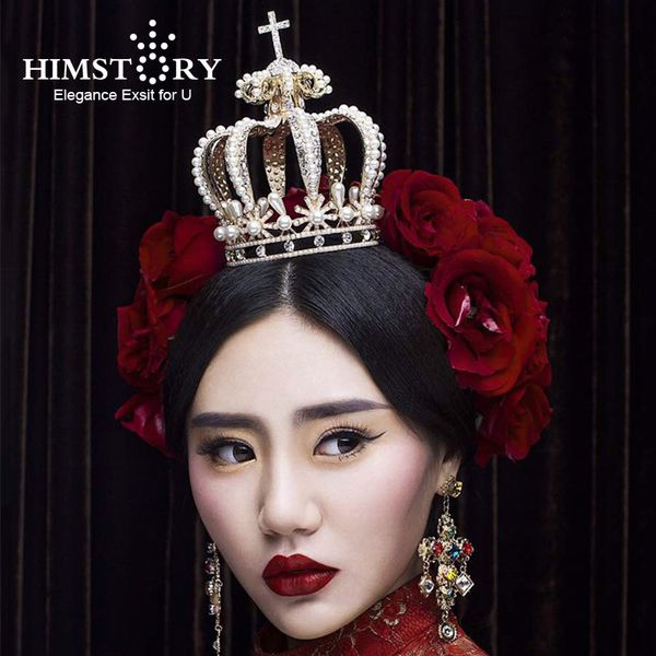

himstory baroque royal cross pearl big crown retro european rhinestone bridal tiara quinceanera pageant wedding hair accessories, Golden;white