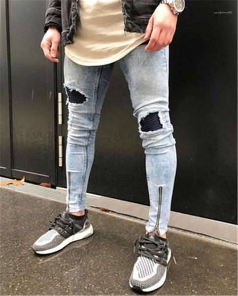 

male jeans skinny zipper washed ripped destroyed jeans folds trousers male fashion biker hip hop jeans hole slim elasticity, Blue