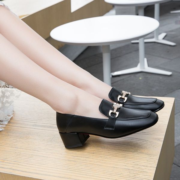 

big size 9  11 12 ladies high heels women shoes woman pumps metal buckled square-headed solid-color thick-heeled single shoes, Black