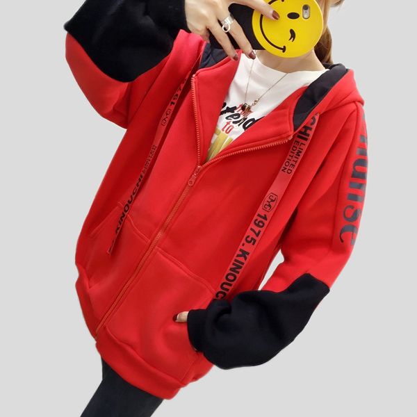 

2018 autumn and winter plus velvet cap rope pocket zipper ladies hoodies korean version of the new harajuku casual sweatshirts, Black