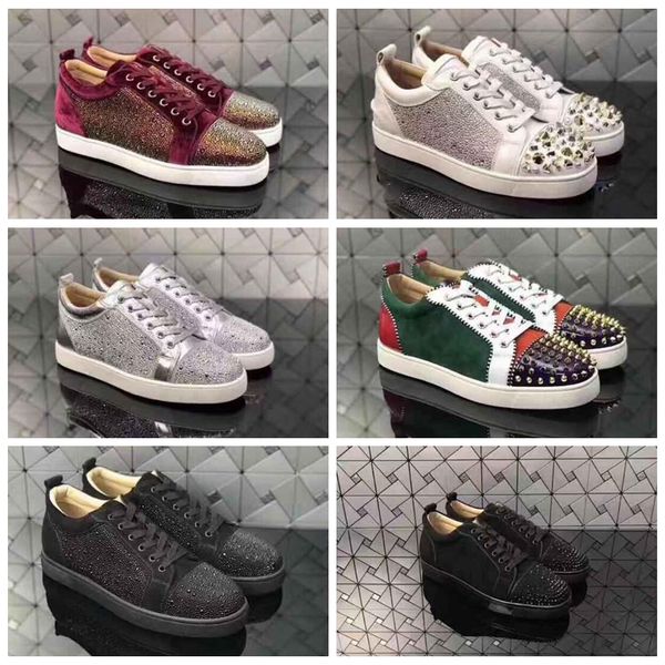 

new2019 designer sneakers red bottom shoe low cut suede spike luxury shoes for men and women shoes party wedding crystal leather sneakers, Black