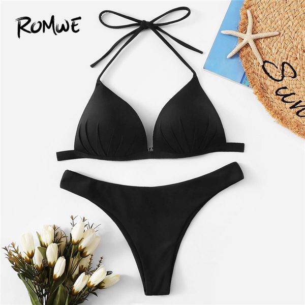 

sport black solid knot triangle halter with high leg low rise bottoms bikini set women beach vacation swimwear, White;black