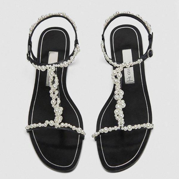 

teahoo summer luxury pearl women sandals buckle gladiator sandals women open toe flat fashion soft shoes woman, Black