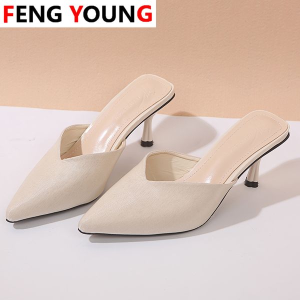 

ladies solid pointed toe fashion female outside shoes new women summer mules slippers thin high heels, Black