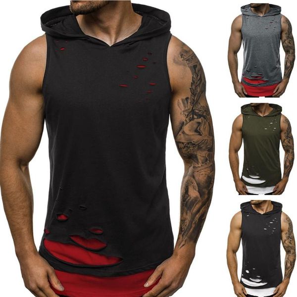 

summer men' shirt summer sleeveless round collar loose elastic holes casual sports pullover with hat 2020, White;black