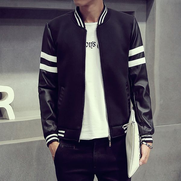 

New Fashion Jacket Men Patchwork Leather Sleeve Baseball Collar Jacket Coat Male Striped Autumn Windbreaker Bomber Jackets Men