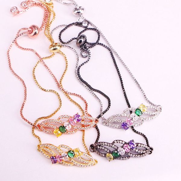 

6pcs, rainbow cz micro pave bar connector chain bracelet woman crystal zirconia charm bracelet gold jewelry, Black