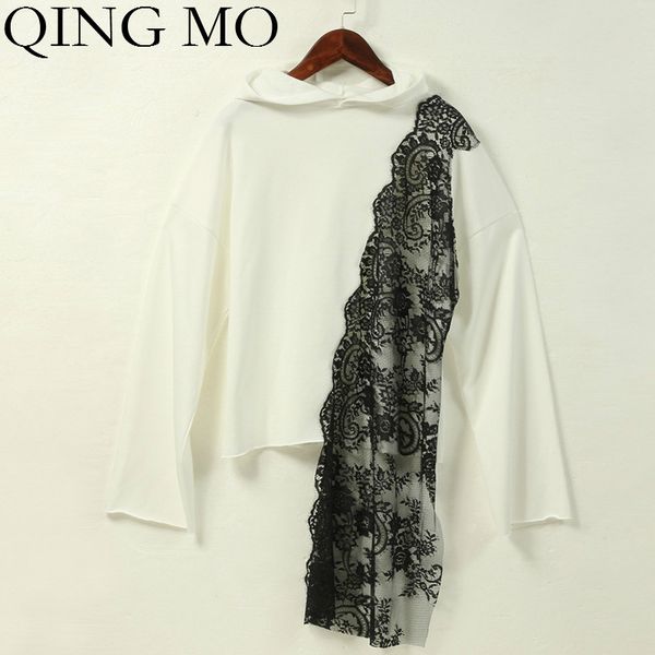 

qing mo white women hooded sweatshirt 2020 women lace patchwork sweatshirt female irregular zqy3501, Black