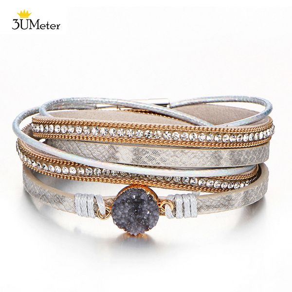 

мода кожаный браслет обруча модные многослойные кожаные браслеты горный хрусталь кристалл широкий браслет / браслет ювелирные изделия для да, Golden;silver