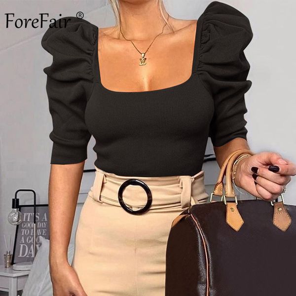

forefair vintage puff sleeve women blouse square neck korean style elegant crop white black slim blouse women
