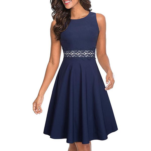 

summer women vintage sleeveless solid color n print work dress elegant collect waist a-line party dress ea079, Black