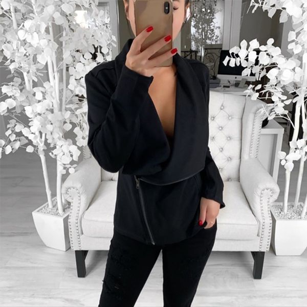 

2019 new fashion diagonal zipper design jacket women solid color turn-down collar coat autumn and winter casual long sleeve coat, Black;brown