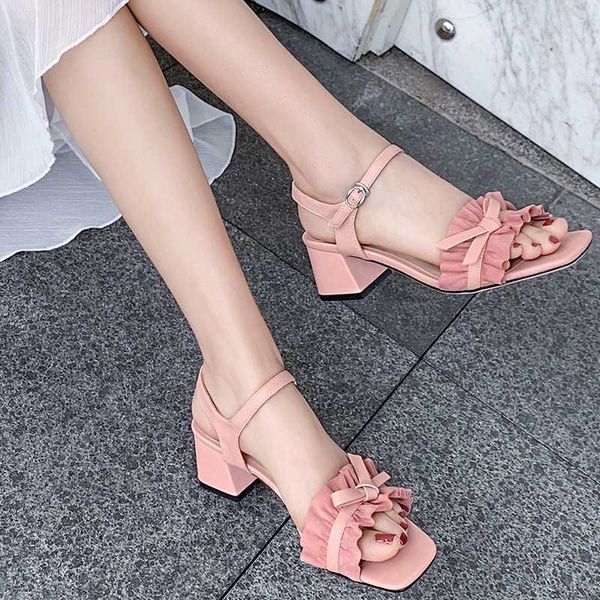

sandals 2021 summer pink black women 5cm block high heels femme shoes size 35-39 11813ayd2453