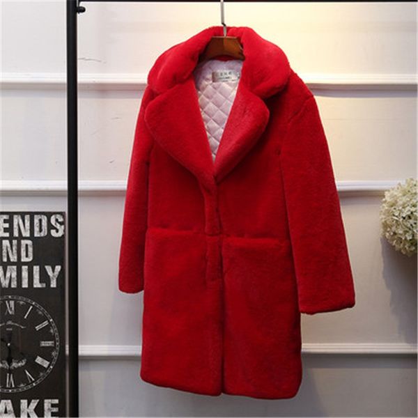 

fur long coat winter women cotton coat faux jacket thick plush coats female hairy overcoat fluffy warm outerwear red, Black
