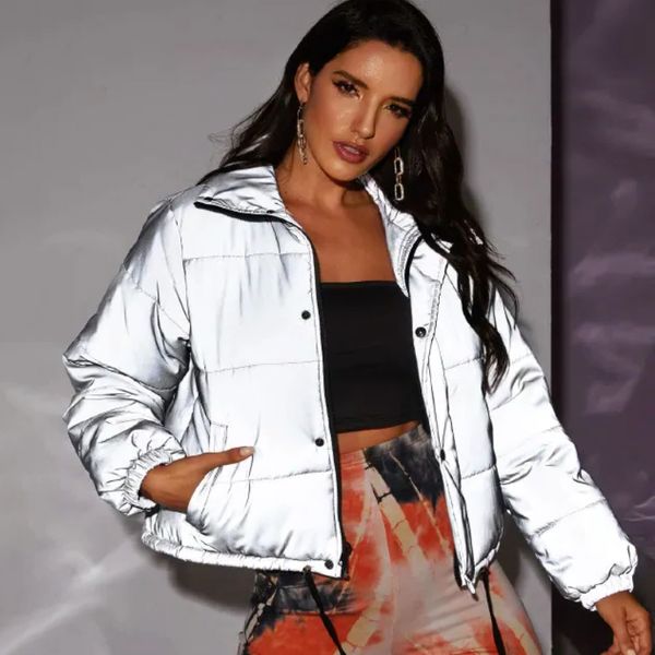 

winter fashion reflective women drawstring warm padded jackets gray color new ladies parka autumn button sportwear jacket, Black