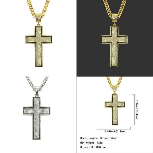 

men and women hip hop cross pendeloque cut diamond punk man long chain pendant gold necklace pendant gold filled custom jewelry, Silver