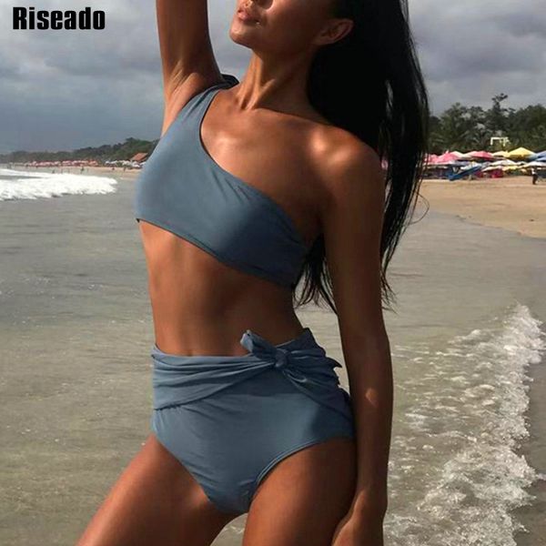 

riseado one shoulder bikinis 2020 high waisted swimwear women knotted ruched biquini swimsuit solid summer beach wear, White;black