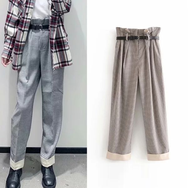 

англия брюки женщина плед случайной створки офис износ дама высокой талия прямых брюки днищ шикарных женские брюки стильная mujer, Black;white