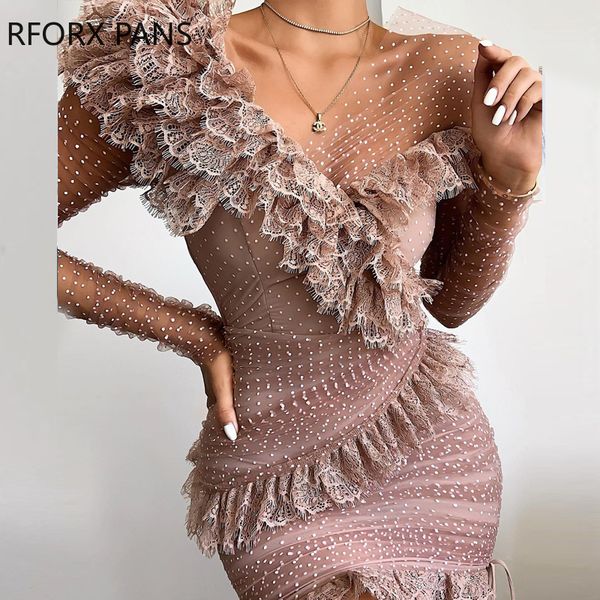 

dot lace ruffles patchwork design ruched dress women dress, Black;gray