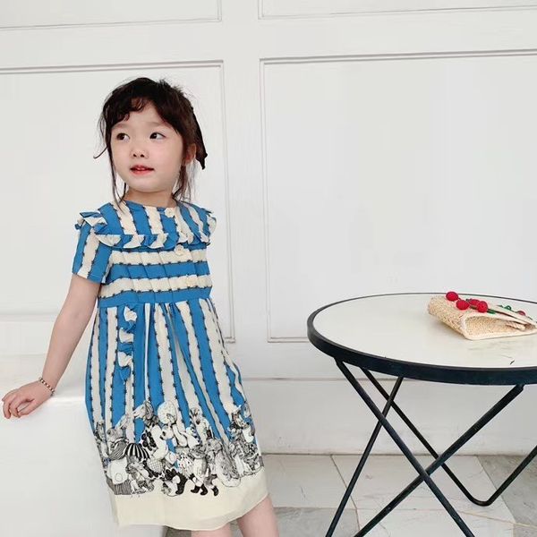 

летнее платье дети девочки платья 2020 дизайн мода японская иллюстрация кошка печать шифона с коротким рукавом платье, Red;yellow