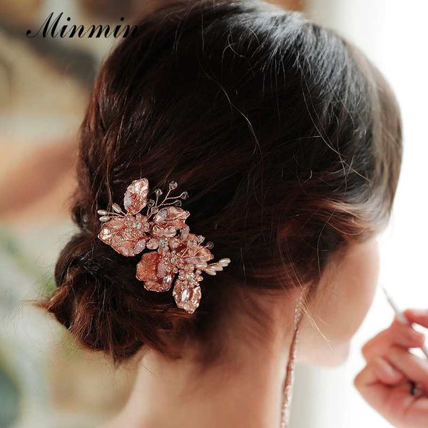 

minmin rosegold crystal leaf shape wedding bridal hair accessories for women luxury handmade simulated pearl hair combs fashion jewelry, Golden;white