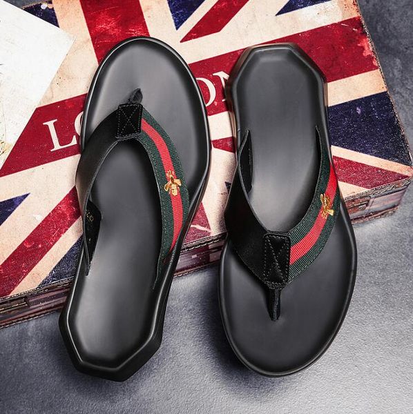 

est men's brand designer slipper europe and america bee fashion flip flops genuine leather men beach non-slip trend sandals slippers, Black