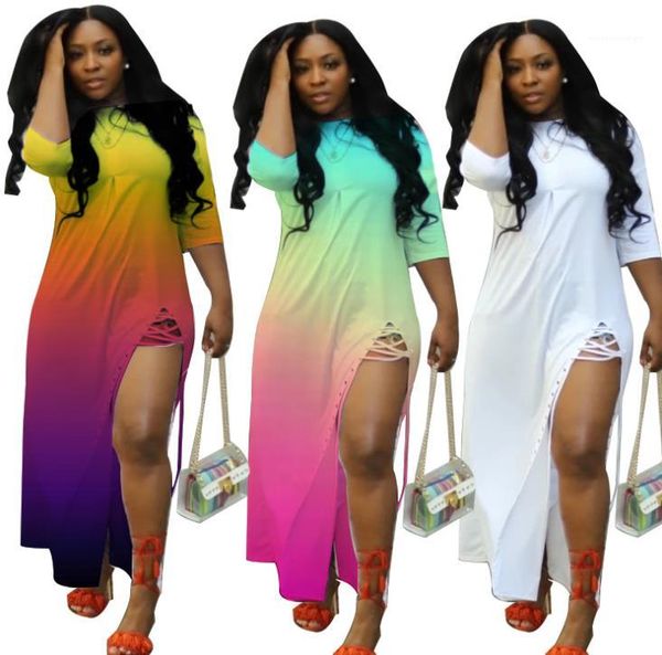 

new women summer dresses women gradient color dress casual loose half sleeve split hollow out dresses, Black;gray