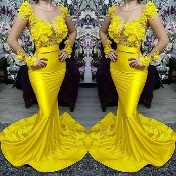 

plus size yellow african black girl mermaid prom dresses 2020 long mermaid dress arabic long sleeve evening formal dress gowns